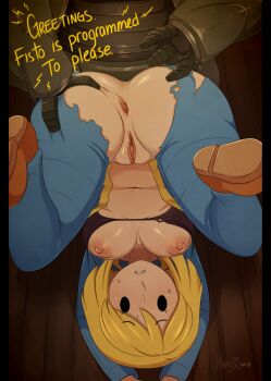 1girl anus artist_name black_bra black_eyes blonde_hair blue_bodysuit bodysuit bra breasts brown_footwear english_text fallout fallout_shelter_online imminent_anal imminent_penetration large_breasts legs_up long_sleeves medium_hair merunyaa nipples parted_lips pillarboxed pussy rape robot shelter_girl_(fallout_shelter_online) signature spread_anus sweat teeth torn_bodysuit torn_clothes uncensored underwear wooden_floor