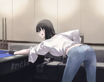 1girl ass back bent_over billiards black_eyes black_gloves black_hair blush commentary_request cue_stick denim earrings facial_tattoo from_behind gloves highres jeans jewelry korean_commentary long_hair mac_star original pants pool_table shirt solo star_(symbol) star_tattoo table tattoo white_shirt