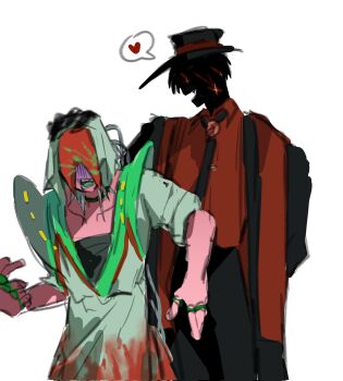 2boys alien_stage black_hat black_jacket black_necktie collared_shirt commentary covered_eyes dobugi221833 fang fusion hand_on_another&#039;s_head hat heart highres hood hood_up ivan_(alien_stage) jacket male_focus multiple_boys necktie open_mouth red_shirt shirt spoken_heart till_(alien_stage) unsha_(alien_stage) urak_(alien_stage) white_hood