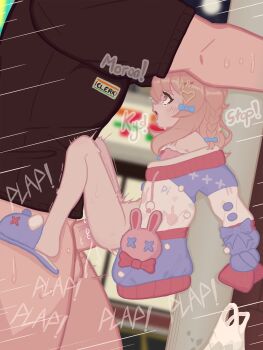 1boy 1girl ^^^ animal_slippers blue_bow bottomless bow braid brown_hair crying crying_with_eyes_open drawstring flying_sweatdrops from_side full_body hair_bow hair_ornament heart heart_hair_ornament held_up highres huntamann looking_at_another medium_hair motion_lines open_mouth paid_reward_available penis phase_connect pink_eyes pipkin_pippa plap pom_pom_(clothes) profile sex sleeves_past_fingers sleeves_past_wrists slippers solo_focus sound_effects tearing_up tears testicles tongue veins veiny_penis virtual_youtuber