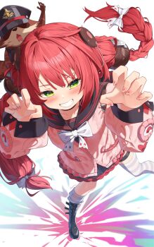 1girl absurdres animal_on_back black_boots black_hat black_sailor_collar boots bow bowtie cardigan chest_bow claw_pose feet_out_of_frame hair_between_eyes hair_ornament hat highres long_hair looking_at_viewer loose_thighhigh maeru pink_cardigan raccoon red_hair sailor_collar school_uniform skirt smile sphere_hair_ornament striped_clothes striped_thighhighs thighhighs twintails ukinami_yuzuha white_bow white_bowtie zenless_zone_zero