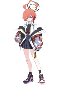 Rule 34 | 1girl, ahoge, bandaid, bandaid on knee, bandaid on leg, black halo, blue archive, blue skirt, braid, commentary, cu cu cu, floral print shirt, full body, hair between eyes, halo, highres, huge ahoge, jacket, jacket partially removed, looking at viewer, neck ribbon, neru (blue archive), neru (school uniform) (blue archive), official alternate costume, open clothes, open jacket, open shirt, orange hair, pleated skirt, red eyes, ribbon, school uniform, shirt, shirt tucked in, simple background, single braid, skirt, standing, sukajan, undone neck ribbon, untied shoelaces, white background, white shirt