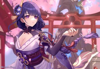 Rule 34 | 1girl, architecture, blunt bangs, blurry, blurry background, blush, braid, breasts, bridal gauntlets, cherry blossoms, cleavage, clothing cutout, commentary, east asian architecture, falling petals, genshin impact, glowing, hair ornament, hair ribbon, highres, japanese clothes, kimono, light blush, light particles, looking to the side, mano (m1n0f2e1), mole, mole under eye, neck ribbon, off shoulder, outdoors, petals, purple eyes, purple hair, purple kimono, raiden shogun, red ribbon, red sash, ribbon, sash, shoulder cutout, single braid, solo, tree, upper body