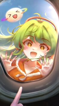 &gt;_&lt; 1girl against_glass ahoge aircraft airplane arrow_(symbol) blue_sky blush bms cloud collarbone dress flying freedom_dive fur-trimmed_dress fur_trim green_hair h3p0 headphones highres kurante light_blush open_mouth orange_dress orange_eyes pointing pov sky smile solo star-shaped_pupils star_(symbol) symbol-shaped_pupils wide-eyed