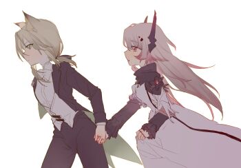 2girls animal_ear_fluff animal_ears arknights black_jacket black_pants butler cat_ears cat_girl chinese_commentary closed_mouth coattails commentary_request dress frilled_sleeves frills green_eyes green_hair highres holding holding_sword holding_weapon jacket kal&#039;tsit_(arknights) kal&#039;tsit_(formal)_(arknights) kemono_(fukanasumi) long_hair multiple_girls official_alternate_costume open_clothes open_jacket pants red_eyes sword theresa_(arknights) weapon white_background white_dress white_hair yuri