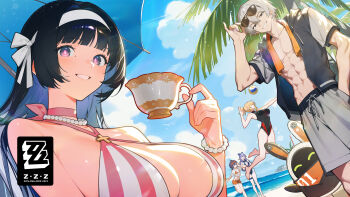 Rule 34 | 1boy, 4girls, abs, adjusting eyewear, alternate costume, astra yao, ball, bangboo (zenless zone zero), barefoot, beach, beach umbrella, bead bracelet, beads, belle (summer skies) (zenless zone zero), belle (zenless zone zero), bikini, bikini bottom under shorts, bikini top under shirt, bikini under clothes, black hair, black one-piece swimsuit, blonde hair, blue bow, blue bowtie, blue hair, blue one-piece swimsuit, blue sky, blush, bow, bowtie, bracelet, breasts, closed eyes, cloud, commentary request, copyright logo, copyright name, cup, drill hair, drill sidelocks, eous (zenless zone zero), evelyn chevalier, eyewear on head, frilled one-piece swimsuit, frills, godot 975096729, green eyes, grey hair, grey shorts, grin, hair between eyes, hair bow, hairband, hand in pocket, highres, holding, holding cup, jewelry, jumping, large breasts, logo, long hair, looking at viewer, multicolored bikini, multiple girls, navel, necklace, ocean, official alternate costume, one-piece swimsuit, orange-tinted eyewear, orange bikini, orange shorts, palm tree, parted lips, pearl necklace, pointy ears, purple eyes, purple hair, see-through clothes, see-through shirt, shirt, short hair, shorts, sidelocks, sky, smile, standing, standing on one leg, striped bikini, striped clothes, sunglasses, swimsuit, thigh strap, tied shirt, tinted eyewear, tree, two-tone bikini, two-tone one-piece swimsuit, umbrella, vivian banshee, vivian banshee (iris of the shore), volleyball, volleyball (object), water, white hairband, wise (peaceful waves) (zenless zone zero), wise (zenless zone zero), zenless zone zero