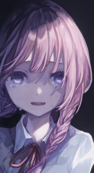1girl braid collared_shirt commentary_request crying crying_with_eyes_open highres kaf_(kamitsubaki_studio) kamitsubaki_studio long_hair looking_at_viewer low_twin_braids mizuki_riyu neck_ribbon open_mouth pink_hair purple_eyes ribbon shirt solo tears twin_braids
