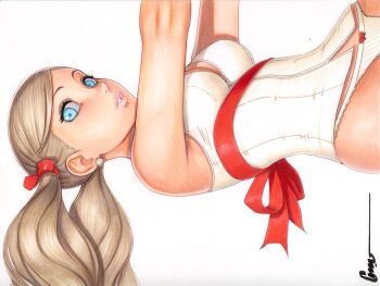 1girl artist_name blonde_hair blue_eyes bow breasts cleavage earrings hair_bow jewelry lips long_hair looking_at_viewer medium_breasts nightgown omar_dogan panties persona persona_5 red_bow red_ribbon ribbon ribbon_around_body simple_background takamaki_anne twintails underwear white_background white_nightgown white_panties