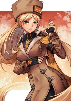 1girl 20060715 absurdres arm_under_breasts armband black_armband black_gloves black_shirt blonde_hair blue_eyes border brown_coat brown_hat cloud cloudy_sky coat collared_shirt dusk expressionless fingerless_gloves fur_hat gloves guilty_gear guilty_gear_strive hand_in_own_hair hat highres long_hair long_sleeves looking_at_viewer millia_rage papakha parted_bangs red_sky russian_clothes shirt sky solo teeth very_long_hair white_border
