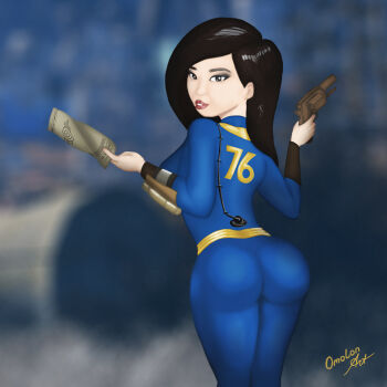 1girl ass black_eyes blurry blurry_background brown_hair eyeshadow fallout fallout_76 female_focus gun handgun highres huge_ass lips makeup omolon-art paper pipboy pistol square vault_suit weapon