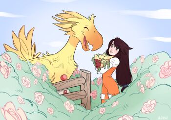 1girl absurdres beak bird black_hair bodysuit brown_eyes brown_gloves chocobo closed_eyes closed_mouth cloud cloudy_sky fence final_fantasy final_fantasy_ix flower food garnet_til_alexandros_xvii gloves hair_ornament hairclip highres holding holding_food holding_vegetable juliet_sleeves long_hair long_sleeves looking_at_another low-tied_long_hair orange_bodysuit outdoors puffy_sleeves rose shirt skirtzzz sky smile swept_bangs thigh_strap upper_body vegetable white_shirt