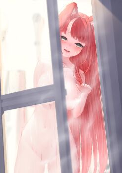 1girl absurdres animal_ears bathroom breasts come_hither commentary_request commission completely_nude convenient_censoring green_eyes highres large_breasts leaning_to_the_side long_hair looking_at_viewer mole mole_under_eye navel nikichiho nude parted_lips pre_universe red_hair robia_hina second-party_source shower_(place) shower_head skeb_commission smile solo standing steam stomach very_long_hair virtual_youtuber wet