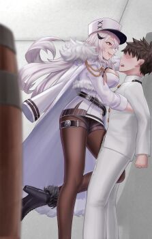 Rule 34 | 1boy, 1girl, absurdres, assertive female, azur lane, black boots, black pantyhose, boots, breasts, brown hair, brown pantyhose, commander (azur lane), commentary request, femdom, fur-trimmed boots, fur collar, fur trim, gangut (azur lane), hair between eyes, hat, hetero, high heels, highres, kabedon, large breasts, leg belt, long hair, mikumaushi, military, military uniform, naval uniform, open mouth, pantyhose, red eyes, saliva, saliva trail, white hair, white hat