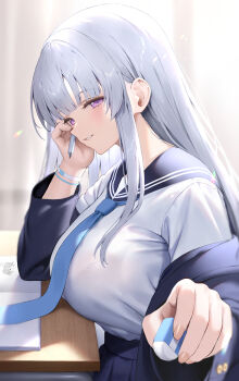 1girl absurdres alternate_costume blue_archive blue_jacket blue_necktie blue_skirt bra_visible_through_clothes breast_rest breasts desk doodles eraser giving grey_hair hibimaru highres holding holding_pen huge_breasts jacket jacket_partially_removed kazami_yuuka large_breasts long_hair looking_at_viewer necktie no_halo noa_(blue_archive) pen pleated_skirt purple_eyes school_desk school_uniform serafuku shirt shirt_tucked_in skirt solo straight_hair tented_shirt very_long_hair white_shirt