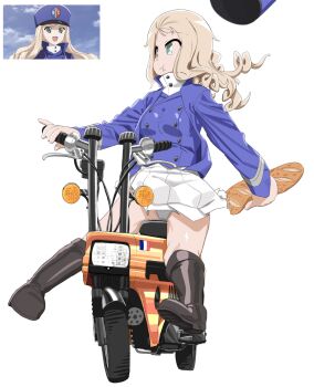 1girl baguette bc_freedom_military_uniform black_boots blonde_hair blue_jacket boots bread commentary eating english_commentary food food_on_face french_flag full_body girls_und_panzer green_eyes hat hat_loss highres jacket knee_boots long_hair long_sleeves looking_to_the_side marie_(girls_und_panzer) military_uniform motor_vehicle panties pantyshot papyopyo scooter skirt underwear white_background white_panties white_skirt