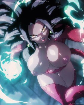 1girl alternate_form black_hair breasts commentary completely_nude dindakai dragon_ball dragon_ball_daima dragon_ball_super earrings highres huge_breasts jewelry kefla_(dragon_ball) looking_at_viewer monkey_tail nipples nude potara_earrings pussy red_fur saiyan solo super_saiyan super_saiyan_4 tail teeth thigh_gap unaligned_breasts upper_teeth_only variant_set yellow_eyes