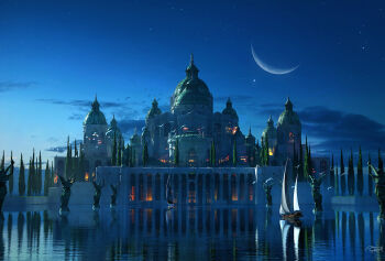 Rule 34 | angel statue, blue sky, boat, commentary, crescent moon, dome, english commentary, flock, highres, lake, landscape, moon, night, original, outdoors, palace, raphael-lacoste, reflection, reflective liquid, scenery, signature, sky, star (sky), starry sky, water, watercraft