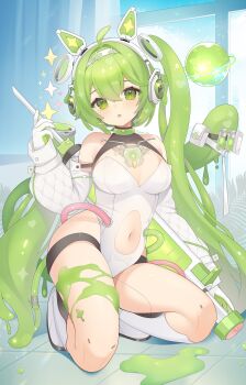 1girl absurdres animal_ear_headphones animal_ears arm_strap armor bag black_bodystocking boots breastplate breasts choker cleavage clothing_cutout core curtains detached_sleeves fake_animal_ears full_body globe green_eyes green_hair hairband headphones heart highres holding holding_syringe huge_syringe kooriais leotard long_hair looking_at_viewer mecha_musume navel navel_cutout open_mouth original plant playboy_bunny plus_sign short_hair slime_(substance) slime_hair solo star_(symbol) strap syringe thigh_strap thighs tube twitter_username white_boots white_hairband white_leotard window