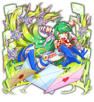 1girl absurdly_long_hair adapted_costume ahoge alternate_costume aqua_shirt aqua_shorts artist_request bare_shoulders belted_shorts blue_boots blue_gloves blush boots cel_shading character_name choker colored_tips crash_fever crop_top denim denim_shorts elbow_gloves english_text envelope fangs full_body game_cg gloves gradient_hair green_eyes green_hair hair_between_eyes hair_ornament happy happy_(crash_fever) heart heart_sticker legs_up long_hair looking_at_viewer low-tied_long_hair midriff multicolored_hair official_alternate_costume official_art open_mouth outline pocket red_outline red_ribbon ribbon ribbon_choker shirt shorts simple_background solo star_(symbol) star_in_eye star_sticker sticker striped_clothes striped_footwear symbol_in_eye tachi-e tattoo thigh_boots tongue transparent_background two-tone_flower vertical-striped_footwear very_long_hair