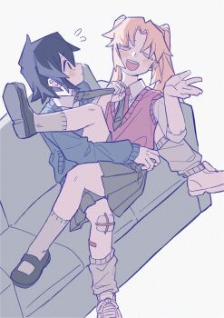 2girls amelia_lee bandage_on_knee beatrice_reden between_legs black_hair black_necktie black_skirt blonde_hair blue_cardigan blush cardigan closed_eyes closed_mouth collared_shirt couch ezier flying_sweatdrops grey_socks highres i_love_amy looking_at_another loose_socks multiple_girls necktie on_couch open_mouth pleated_skirt red_sweater_vest shirt short_hair simple_background skirt smile socks sweater_vest teeth twintails upper_teeth_only white_background white_shirt yuri