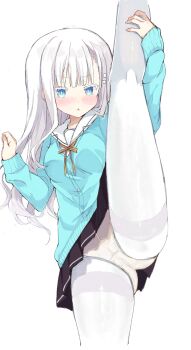 1girl aqua_cardigan black_skirt blue_eyes blush_stickers brown_ribbon cardigan choppy_bangs commentary_request crotch_seam dot_nose grey_hair hair_ornament hands_up highres long_hair looking_at_viewer miniskirt neck_ribbon original panties parted_lips pleated_skirt ribbon sailor_collar school_uniform serafuku simple_background skirt solo split standing standing_on_one_leg standing_split straight_hair takepoison thighhighs underwear v-shaped_eyebrows white_background white_panties white_sailor_collar white_thighhighs yellow_panties