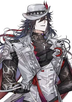 Rule 34 | 1boy, absurdres, arm tattoo, ashveil (honkai: star rail), badge, black hair, crescent, earrings, fedora, gradient hair, grey eyes, hashtag-only commentary, hat, hat ornament, highres, honkai: star rail, honkai (series), jacket, jewelry, lemonaderiinnn, light smile, long hair, male focus, multicolored hair, necklace, simple background, single earring, streaked hair, tattoo, toned, toned male, turtleneck, very long hair, vest, waistcoat