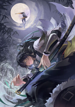 Rule 34 | 1boy, absurdres, arm armor, black hair, black pants, chigusa7h, commentary, full moon, grey eyes, highres, holding, holding sword, holding weapon, katana, long hair, male focus, moon, pants, parted lips, qiuyuan (wuthering waves), scabbard, sheath, solo, sword, tacet discord (wuthering waves), unsheathing, weapon, wuthering waves