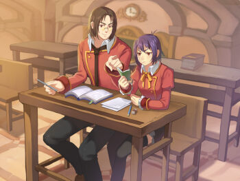 bench black_necktie black_pants black_skirt black_thighhighs blurry blurry_background book bookmark brown_eyes brown_hair brown_shoes buttons caesty classroom clock closed_mouth collared_shirt commentary dated_commentary english_commentary eraser frown glasses gold_buttons hair_between_eyes holding holding_pencil indoors ispin_charles jacket juliet_sleeves long_sleeves lowered_eyelids maximin_liebkne medium_hair necktie nenyaffle nenyaffle_school_uniform nexon official_art open_book pants paper parted_bangs parted_hair pencil petticoat pince-nez pleated_skirt pointing puffy_sleeves purple_hair red_jacket red_sleeves ribbon round_eyewear school_uniform shirt shoes sitting skirt sleeve_cuffs smile table tales_weaver thighhighs undershirt v-shaped_eyebrows white_shirt wing_collar yellow_ribbon