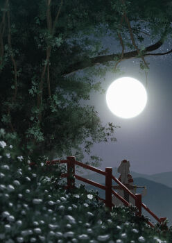 1girl absurdres animal_ears commentary_request detached_sleeves flower flower_request from_behind full_moon grey_hair hat highres inubashiri_momiji moon night oil-paper_umbrella oubachiago outdoors procreate_(medium) red_hat scenery sheath sheathed short_hair sky solo sword tail tokin_hat touhou tree umbrella weapon white_flower wolf_ears wolf_girl wolf_tail