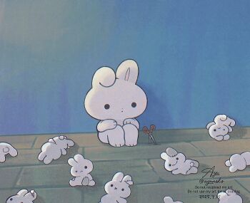 Rule 34 | animal, animal focus, ayu (mog), blue background, closed mouth, commentary, dated, highres, no humans, original, planted, planted scissors, rabbit, scissors, signature, sitting, solid circle eyes, stuffed animal, stuffed rabbit, stuffed toy, symbol-only commentary, twitter username, watermark, wooden floor