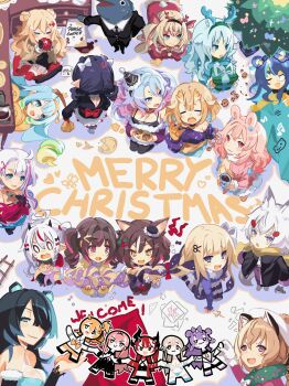 1boy 6+girls absurdres ahoge amanogawa_shiina animal_ears antlers anzu_(anzuhan) bear_ears bear_girl black_bow black_gloves black_hair black_hat black_horns black_necktie black_pantyhose black_suit blank_eyes blonde_hair blue_eyes blue_hair bow box breasts broom brown_hair chisaka_airi christmas_lights christmas_tree cleavage closed_eyes coffee_mug colored_inner_hair cookie cup deer_antlers deer_girl dizzy_dokuro double_bun dragon_claw dragon_girl dragon_horns eimi_isami ember_amane erina_makina fang fish_boy food formal_clothes fox_ears fox_girl fujikura_uruka fur-trimmed_headwear fur-trimmed_thighhighs fur_trim gift gift_box gloves gradient_hair green_hair grey_hair h2osakana hair_bow hair_bun hair_ornament hairband hakushika_iori hat highres hikanari_hina himemiya_rie holding holding_broom holding_cup holding_gift holding_plate holly_hair_ornament horns jelly_hoshiumi kaneko_lumi komachi_panko long_braid long_hair merry_christmas mug multicolored_hair multiple_girls musical_note musical_note_print muu_muyu necktie nose_bubble open_mouth pantyhose phase_connect pilk pink_bow pipkin_pippa plate pointy_ears purple_eyes rabbit_ears rabbit_girl red_panda_ears red_panda_girl red_thighhighs remilia_nephys rinkou_ashelia runie_ruse saya_sairroxs scarf scissors_hair_ornament shisui_michiru_(phase_connect) skin_fang smile star_(symbol) streaked_hair striped_clothes striped_pantyhose suit tenma_maemi thighhighs tiger_ears tiger_girl utatane_nasa very_long_hair virtual_youtuber white_bow white_hair white_hat wolf_ears wolf_girl yellow_eyes yellow_hairband yellow_scarf zipper zipper_pull_tab