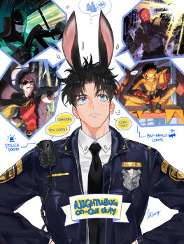 bat_signal batman batman_(series) batman_symbol belt black_bodysuit black_gloves black_hair blue_eyes bodysuit brown_jacket bruce_wayne cowl damian_wayne dc_comics dick_grayson domino_mask eye_mask gloves grey_bodysuit highres jacket jason_todd male_focus mask multicolored_bodysuit multiple_boys muscular muscular_male open_clothes pants red_hood_(dc) red_mask robin_(dc) sajang_bin short_hair superhero_costume taut_bodysuit tim_drake two-tone_bodysuit utility_belt