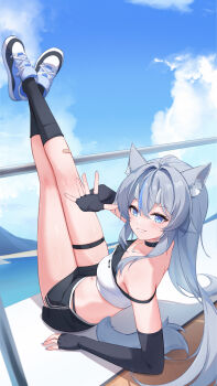 1girl absurdres animal_ears black_gloves blue_sky breasts commentary_request gloves highres leg_up long_hair looking_at_viewer looking_back ocean original ship shoes sitting sky smile thighhighs watercraft xcche_che_er