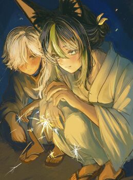 2boys absurdres alternate_costume animal_ear_fluff animal_ears black_hair blush brown_eyes closed_mouth commentary_request cyno_(genshin_impact) fireworks fox_ears genshin_impact green_hair hair_up highres holding holding_fireworks japanese_clothes kimono kneeling long_hair long_sleeves looking_to_the_side male_focus multicolored_hair multiple_boys otanpopo1208 parted_bangs parted_hair sandals sideways_glance smile sparkler streaked_hair tighnari_(genshin_impact) white_hair white_kimono wide_sleeves yukata