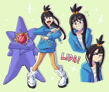 1girl black_hair blue_hoodie choker closed_mouth colored_skin crossed_arms cube_hair_ornament earclip eggtempest gem gen_1_pokemon grey_eyes hair_ornament hood hood_down hoodie jacket leggings lida_(pokemon) long_hair long_legs long_sleeves looking_at_viewer mega_pokemon mega_starmie nintendo open_mouth orange_leggings pokemon pokemon_(creature) pokemon_legends:_z-a purple_skin red_gemstone shirt shoes smile starfish starmie teeth topknot two-tone_legwear white_choker white_leggings wispy_bangs