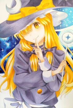 absurdres blonde_hair bow buttons check_commentary closed_mouth commentary commentary_request crescent crescent_hat_ornament crossed_arms frilled_hat frills giggling grey_bow grey_hat grey_shirt grey_skirt hair_bow hair_over_one_eye hat hat_ornament highres holding holding_wand index_finger_raised kirisame_marisa kirisame_marisa_(pc-98) long_hair long_sleeves looking_at_viewer marker_(medium) sash shirt skirt smile sparkle_print star_(symbol) star_print touhou traditional_media user_ycnn5725 wand white_bow white_sash witch_hat yellow_bow yellow_eyes