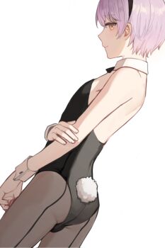 1boy ass back-seamed_legwear bare_shoulders black_hairband black_leotard bulge closed_mouth collar commentary_request cowboy_shot crossdressing crossdressing_(mtf) detached_collar dutch_angle fake_tail from_side grey_pantyhose hairband hand_on_own_arm leotard light_smile looking_at_viewer male_focus male_playboy_bunny orange_eyes original pantyhose partial_commentary profile purple_hair purple_hair_boy_(sunaba_(nczd5875)) rabbit_tail seamed_legwear shaded_face shadow short_hair simple_background smile solo standing sunaba_(nczd5875) tail trap white_background white_collar white_wrist_cuffs wrist_cuffs