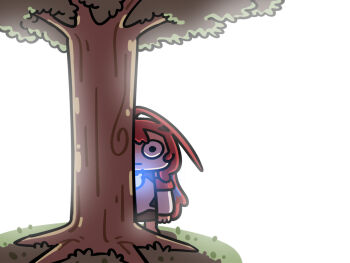 1girl :| backlighting blue_hair chibi closed_mouth elizabeth_rose_bloodflame elizabeth_rose_bloodflame_(1st_costume) expressionless fire_on_chest full_body grass hashtag-only_commentary hololive hololive_english keenbiscuit long_hair looking_at_viewer multicolored_hair red_hair solo standing tree two-tone_hair very_long_hair virtual_youtuber white_background wide-eyed