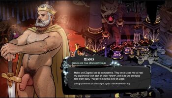 1boy abs bara beard belly cape connected_beard cowboy_shot crown dialogue_box english_text excessive_pubic_hair facial_hair flaccid foreskin full_beard greek_mythology grey_hair hades_(series) hades_2 hairy highres king large_pectorals looking_at_viewer male_focus male_pubic_hair mature_male minos_(mythology) muscular muscular_male naked_cape navel navel_hair nickiecharles nipples old old_man original parody pectorals penis planted planted_sword planted_weapon pubic_hair short_hair solo standing stomach sword thick_arm_hair thick_beard thick_chest_hair thick_leg_hair thick_navel_hair uncensored very_hairy weapon