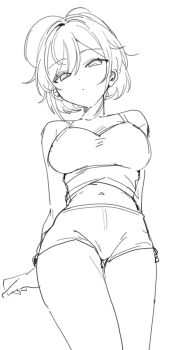 1girl blush breasts camisole cowboy_shot from_below grey_hair half-closed_eyes hashtag-only_commentary highres large_breasts midriff original paragasu_(parags112) parted_bangs short_hair shorts simple_background sketch solo tagme