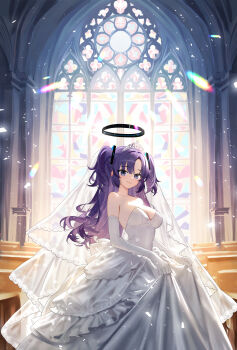 1girl absurdres black_halo blue_archive breasts bridal_veil bride detached_sleeves dress halo highres mechanical_halo o_bbiinnn purple_hair solo two_side_up veil wedding wedding_dress white_dress yuuka_(blue_archive)