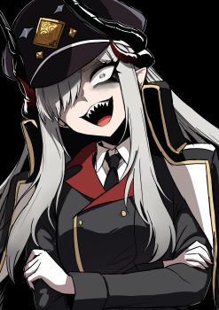 Rule 34 | 1girl, absurdres, black horns, blue archive, blush, breasts, demon horns, gloves, grey hair, hair over one eye, halo, hat, highres, horns, long hair, looking at viewer, makoto (blue archive), multiple horns, nagai negi, open mouth, peaked cap, pointy ears, shirt, smile, solo