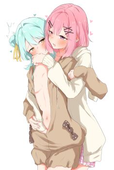 2girls amaori_renako blue_hair blush breasts brown_hoodie brown_shorts commentary_request drawstring finger_in_another&#039;s_mouth heart highres hood hoodie implied_fingering koyanagi_kaho medium_hair multiple_girls nuooooodoomo open_clothes open_hoodie open_mouth pink_hair purple_eyes reach-around saliva shorts small_breasts sweat watashi_ga_koibito_ni_nareru_wake_naijan_murimuri! white_hoodie yellow_eyes yuri