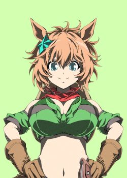 1girl animal_ears armband bandana bandeau bare_shoulders blue_eyes breasts brown_gloves brown_hair cleavage closed_mouth colt_single_action_army cowboy_hat gloves green_armband green_background green_bandeau gun hair_ornament handgun hands_on_own_hips hat hat_on_back highres holstered horse_ears horse_girl large_breasts long_hair looking_at_viewer midriff navel ponytail red_bandana revolver simple_background smile solo star_(symbol) star_hair_ornament taiki_shuttle_(umamusume) taiki_shuttle_(wild_frontier)_(umamusume) umamusume weapon zukki_(bijitaru)
