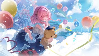1girl aether_gazer balloon black_hairband blue_skirt braid bubble camunekoz cloud commentary_request confetti day ferris_wheel fingernails frilled_skirt frilled_sleeves frills from_side hairband hand_up highres holding holding_balloon holding_stuffed_toy long_sleeves medium_hair open_mouth outdoors paper_airplane pink_eyes pink_hair polaroid_camera shirt side_braid skirt skuld_(aether_gazer) sky smile solo standing stuffed_animal stuffed_toy teddy_bear white_shirt