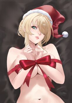 1girl artoria_pendragon_(fate) artoria_pendragon_(lancer)_(fate) bed_sheet bound bound_wrists braid braided_bun breasts chesshiire christmas commentary english_commentary fate/grand_order fate_(series) green_eyes hair_bun hands_up hat highres large_breasts lips lying naked_ribbon navel on_back parted_lips red_ribbon ribbon santa_hat solo stomach upper_body