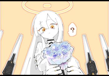 Rule 34 | 1girl, ?, blue archive, bouquet, closed mouth, colored skin, commentary request, fin funnels, floating, floating object, floating weapon, flower, halo, highres, holding, holding bouquet, letterboxed, long hair, malkuth (blue archive), orange background, orange eyes, orange halo, otz sensei, purple flower, purple rose, rose, simple background, solo, speech bubble, spoken question mark, symbol-shaped pupils, upper body, white hair, white skin, x-shaped pupils