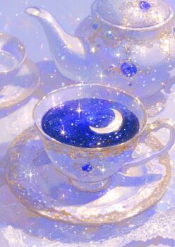 crescent cup highres liquid momowaaai no_humans object_focus original plate sparkle still_life teacup teapot white_background