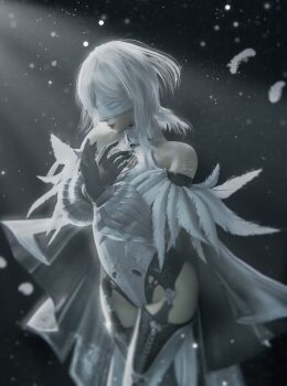 10h_(nier_reincarnation) 1girl black_gloves blindfold devy_(hapidevy) dress feathers gloves highres nier_(series) nier_reincarnation own_hands_together white_dress white_hair