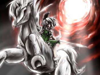 1girl dress dual_wielding female_focus hair_over_one_eye hanzawa821 highres holding horse katana konpaku_youmu konpaku_youmu_(ghost) open_mouth parody red_eyes riding sanger_zonvolt short_hair silver_hair solo super_robot_wars super_robot_wars_og_the_inspector super_robot_wars_original_generation super_robot_wars_original_generation_2 sword touhou weapon